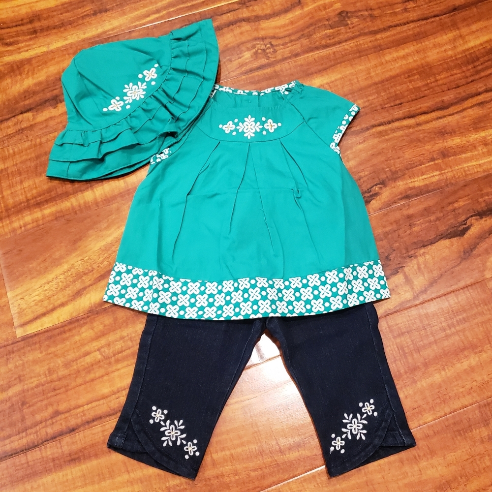 Gymboree NWT 18-24 months green blouse, crop jeans, matching sunhat